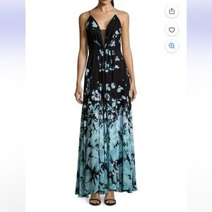Betsy and Adam placed floral chiffon maxi evening gown slit side teal black 12